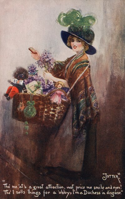 Pige sælger blomster og legetøj af English School